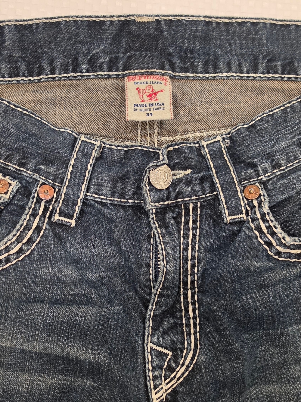 VTG True Religion Ricky Super T Straight Jeans Made in USA Size 34 Thick Stich